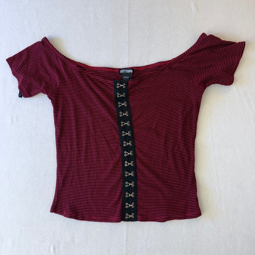 Hot Topic Red Black Striped Off Shoulder Hook Eye Top XL Goth Punk Grunge